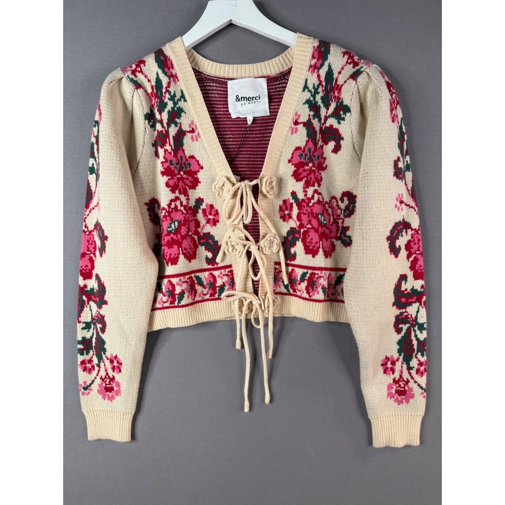 &merci Floral Tie Front Cardigan Women L Cropped Cottagecore Feminine NEW
